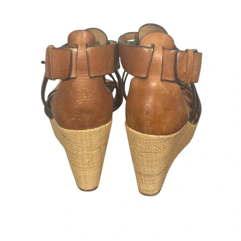 Trask Brown Leather Strappy Jute Wedge Platform Buckle Sandals Heels Sz 9